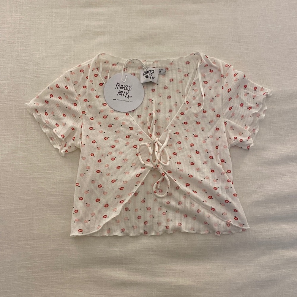 Princess Polly White Short Sleeve Tie Front Crop